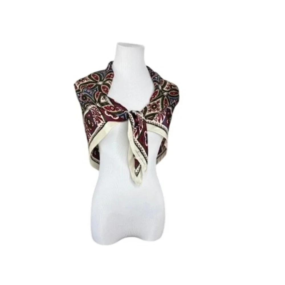 Ginnie Johansen Vintage Silk Square Shawl Burgundy Green Mosaic Head Scarf